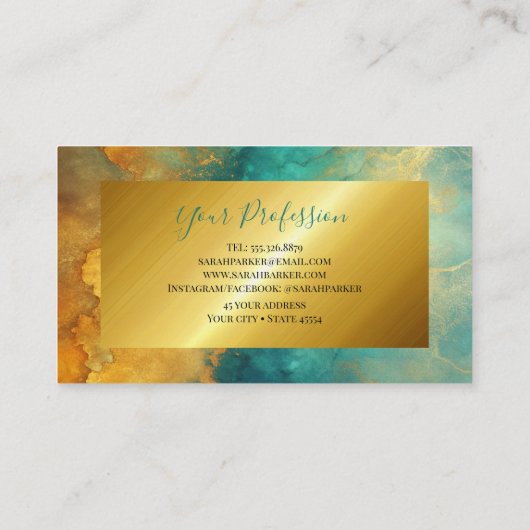 Moderne chique turquoise gouden waterverf visitekaartje (Achterkant)
