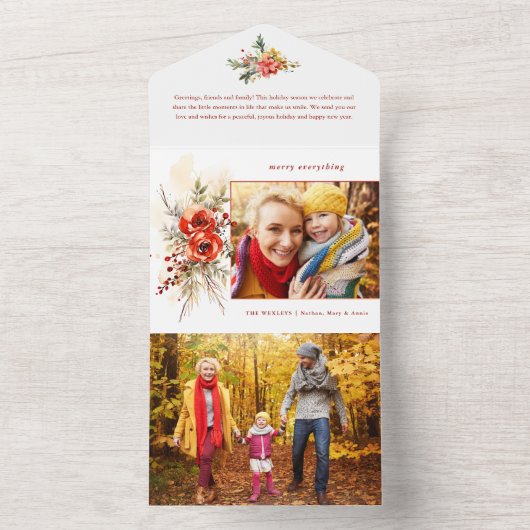 Moderne chique Waterverf kerst botanische foto All In One Uitnodiging (Binnen)