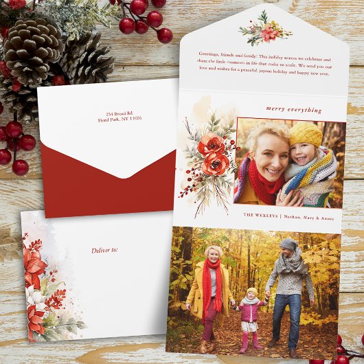 Moderne chique Waterverf kerst botanische foto All In One Uitnodiging