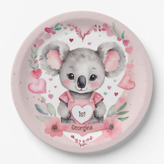 Moderne chique Waterverf Koala Roze Verjaardagsfee Papieren Bordje (Voorkant)