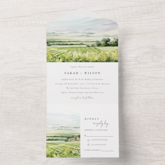 Moderne chique Waterverf wijngaard Landschap Bruil All In One Uitnodiging (Binnen)
