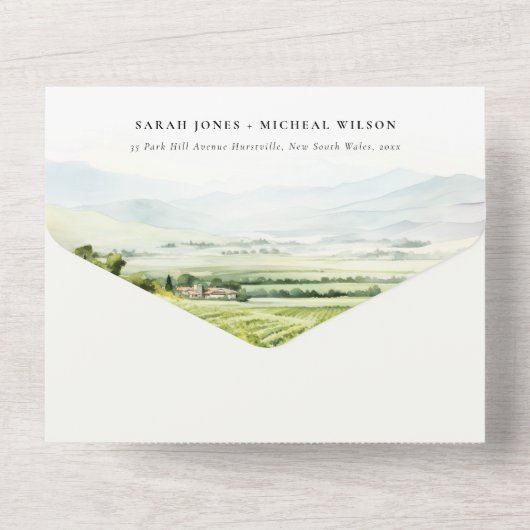 Moderne chique Waterverf wijngaard Landschap Bruil All In One Uitnodiging (Achterkant)