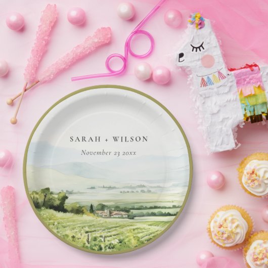 Moderne chique Waterverf wijngaard Landschap Bruil Papieren Bordje (Feest)
