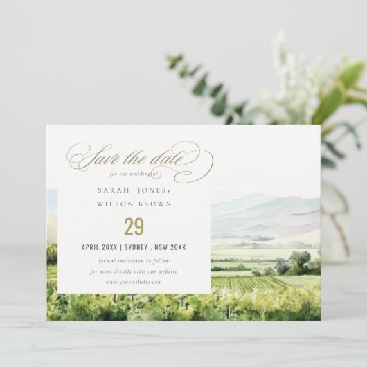 Moderne chique Waterverf wijngaard Landschap Bruil Save The Date (Staand voorkant)