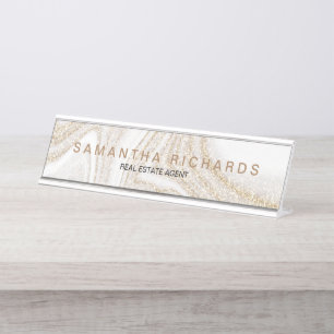 Moderne chique wit marmer goud glitter naam bureau naambordje