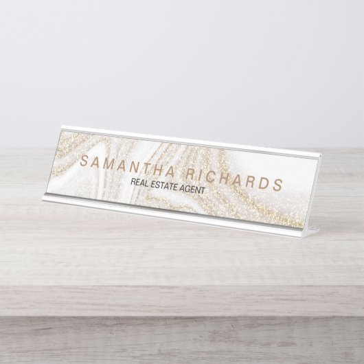 Moderne chique wit marmer goud glitter naam bureau naambordje (Voorkant)