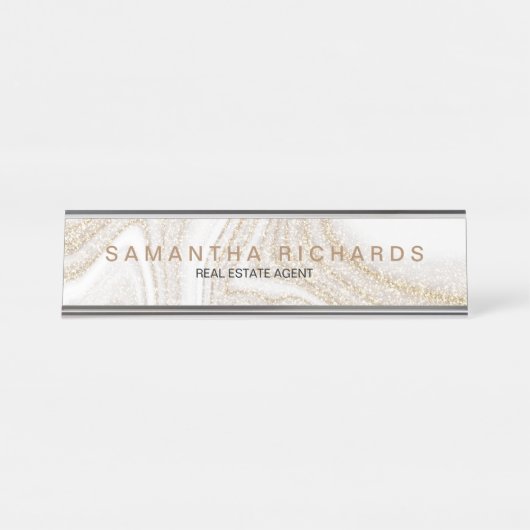 Moderne chique wit marmer goud glitter naam bureau naambordje (Voorkant)