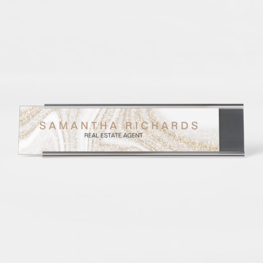 Moderne chique wit marmer goud glitter naam bureau naambordje (Voorkant)