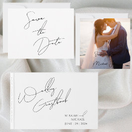 Moderne Chique Wit & Zwart Scripts Bruiloft Gastenboek