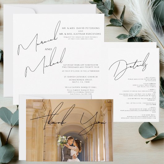 Moderne Chique Wit & Zwart Scripts Bruiloft Kaart