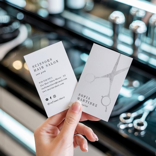 Moderne chique zilveren folie haarstylist schaar l visitekaartje