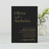 Moderne Chique Zwart en Goud Script Foto Bruiloft Kaart (Staand voorkant)