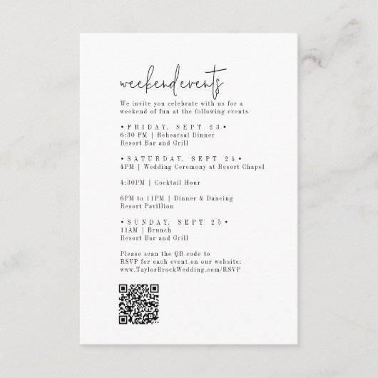 Moderne chique zwart-wit bruiloft weekend evenemen informatiekaartje (Voorkant)