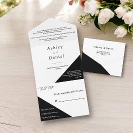 Moderne chique zwart-wit elegante bruiloft all in one uitnodiging