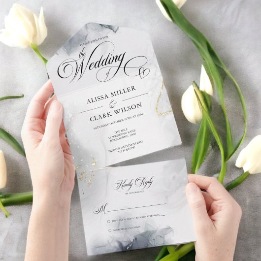 Moderne Chique Zwart & Wit Grijs Goud Aquarel All In One Uitnodiging