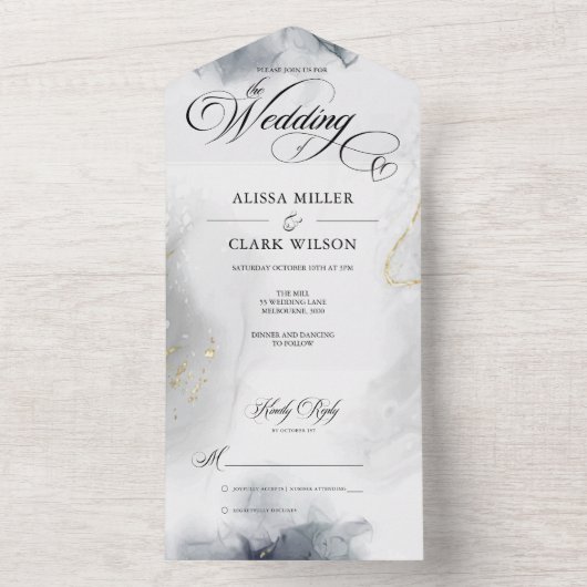 Moderne Chique Zwart & Wit Grijs Goud Aquarel All In One Uitnodiging (Binnen)