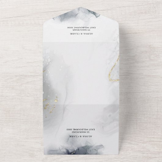 Moderne Chique Zwart & Wit Grijs Goud Aquarel All In One Uitnodiging (Buitenkant)