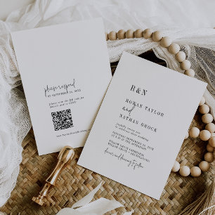 Moderne Chique Zwart Wit Monogram QR Code Bruiloft Kaart