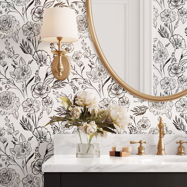 Moderne chique zwarte lijn kunst bloemblaadpatroon behang (Modern Chic Black Line Art Floral Foliage Pattern Wallpaper)