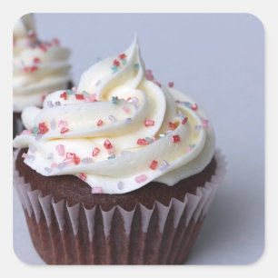Moderne chocolade cupcakes, sprinkhaan, bevroren vierkante sticker