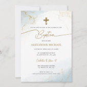 Moderne Christelijke Blue Gold Cross Boy doop Kaart (Voorkant)