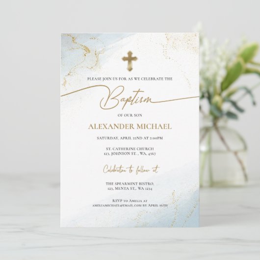 Moderne Christelijke Blue Gold Cross Boy doop Kaart (Staand voorkant)