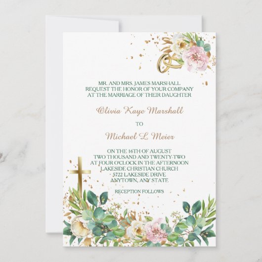 Moderne Christelijke Kruis en Ringen Bloemenbruilo Kaart (Voorkant)