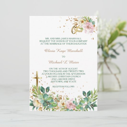 Moderne Christelijke Kruis en Ringen Bloemenbruilo Kaart (Staand voorkant)