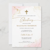 Moderne Christelijke Roze Gouden Kruis Meisje Doop Kaart (Voorkant)