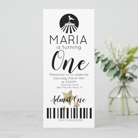 Moderne Circus First Birthday Ticket Party Kaart (Staand voorkant)