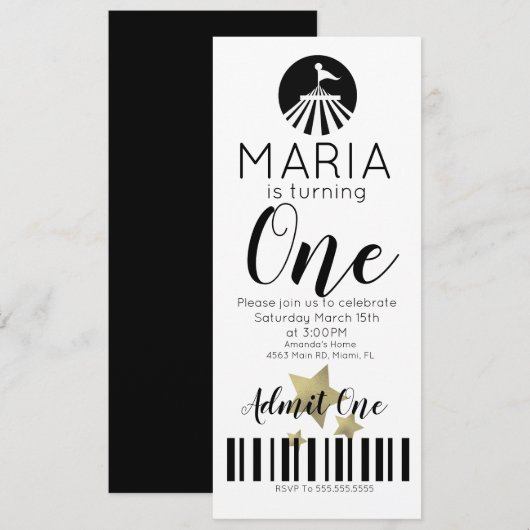 Moderne Circus First Birthday Ticket Party Kaart (Voorkant / Achterkant)