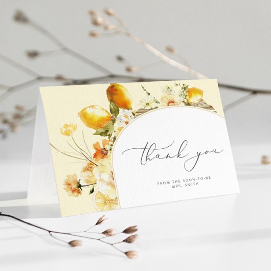 Moderne citroen boog bruidsfeest bedankkaart