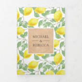 Moderne citroen boomgaard groen kraft bruiloft fot drieluik uitnodiging (Cover)