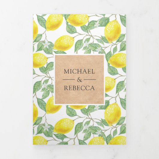 Moderne citroen boomgaard groen kraft bruiloft fot drieluik uitnodiging (Cover)