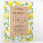 Moderne citroen boomgaard groen kraft bruiloft fot drieluik uitnodiging (Binnenzijde eerst)