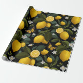 Moderne citroen citrus bloem vlinder patroon cadeaupapier (Uitgerold)