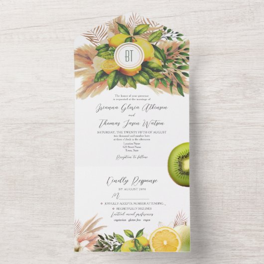 Moderne citroen Citrus bruiloft All In One Uitnodiging (Binnen)