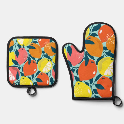 Moderne citroen citrus fruit kunst ovenwant & pannenlap set (Voorkant)