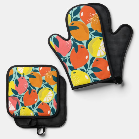 Moderne citroen citrus fruit kunst ovenwant & pannenlap set (Voorkant / Achterkant)