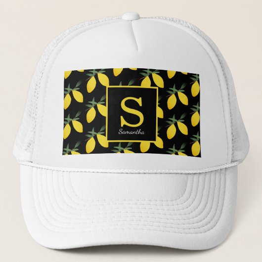 Moderne Citroen Citrus Monogram Naam Trucker Hoed Pet (Voorkant)