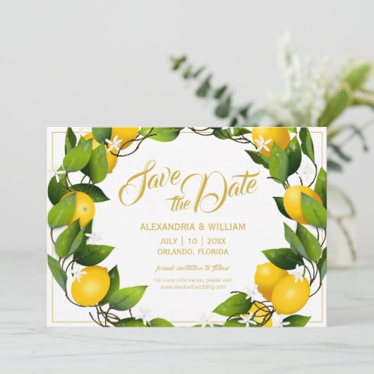 Moderne citroen krans tuin | Bruiloft Save The Date (Staand voorkant)