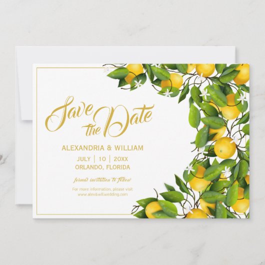 Moderne citroen krans tuin | Trouwen Save The Date (Voorkant)