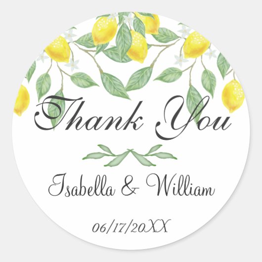 Moderne citroen zomer bruiloft dank u ronde sticker (Voorkant)