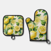 Moderne citroenblauwe bloemenscript bruidsshower ovenwant & pannenlap set (Voorkant)