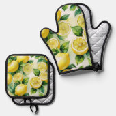 Moderne citroenblauwe bloemenscript bruidsshower ovenwant & pannenlap set (Voorkant / Achterkant)