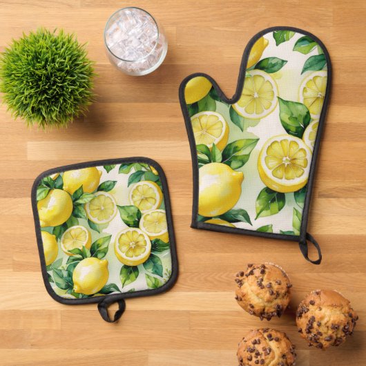 Moderne citroenblauwe bloemenscript bruidsshower ovenwant & pannenlap set (Top down)