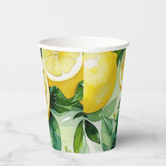 Moderne citroenblauwe bloemenscript bruidsshower papieren bekers (Rechts)