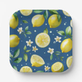 Moderne citroenblauwe bloemenscript bruidsshower papieren bordje (Voorkant)