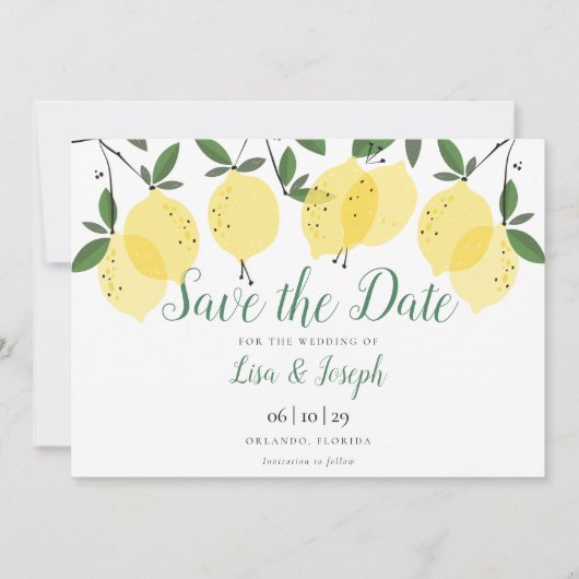 Moderne citroenen Elegant schrift Save The Date (Voorkant)