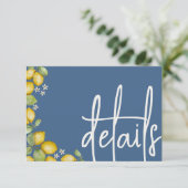 Moderne Citroenen Geel & Blauw Bruiloft Details Informatiekaartje (Staand voorkant)
